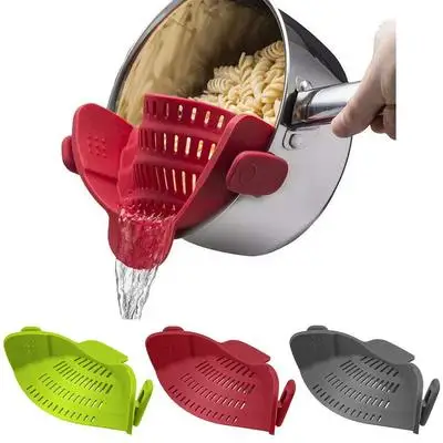 Amazon Hot Selling LOGO BPA-free Wide Mouth Kitchen Lek Water Pot Side Basket Clip Leak Proof Fruit Noodle Silicone Strainer