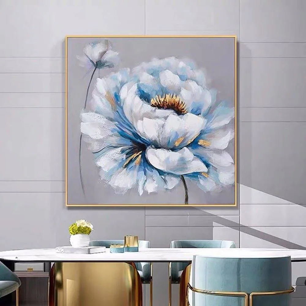 Professional Artist Handmade Blue Blooming Flowers Oil Painting on Canvas Modern Flower Art Picture for Wall Decor Hang Painting