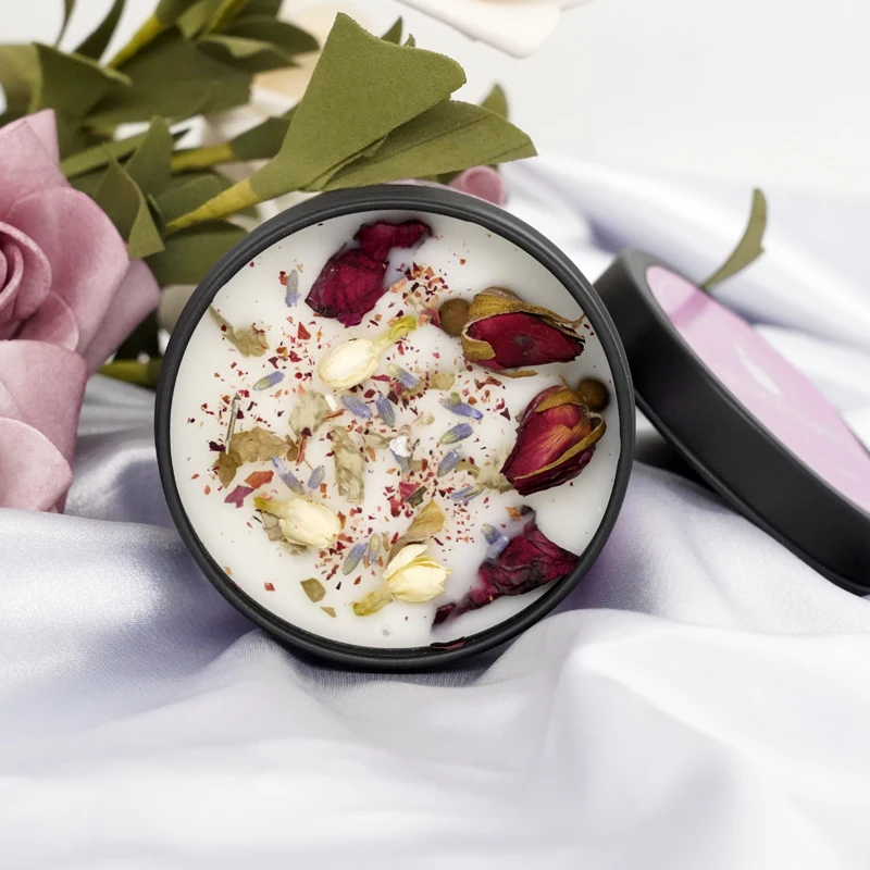 Wholesale Home Fragrance Healing Crystal Dried Flower Soy Wax Black Round Small Tin Scented Candles
