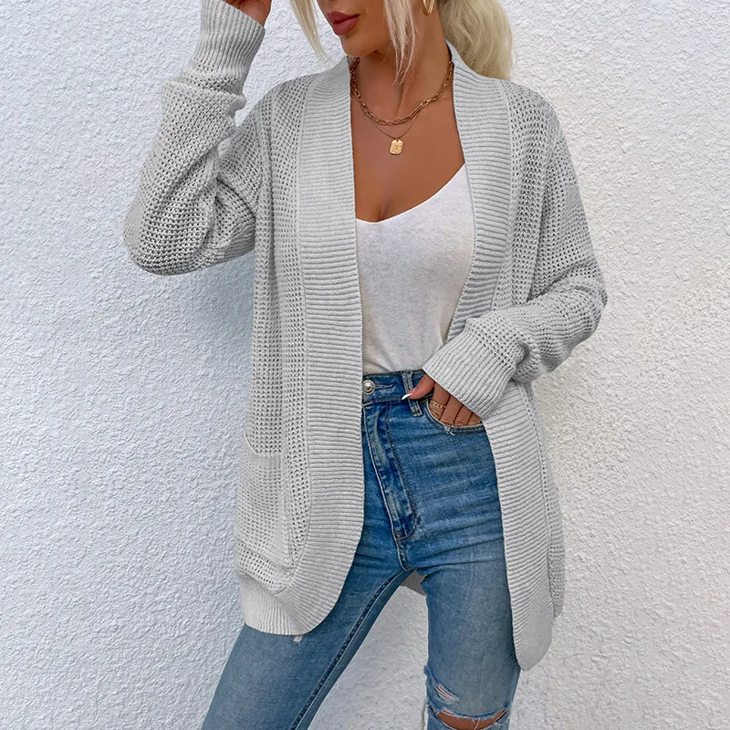 Soiling New Arrival solid color knitted sweaters women casual fall winter long sleeve cardigan with pockets