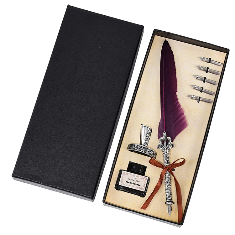 European retro natural feather pen set multicolor dip pen gift set gift box