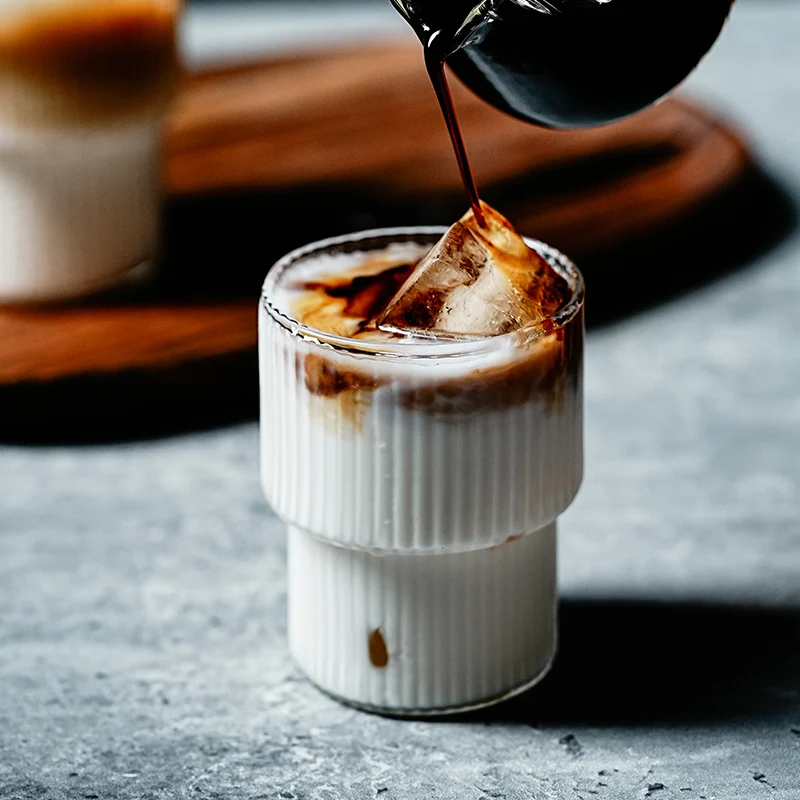 Vertical stripes drinking glass tumbler ribbed glassware fancy cocktail glasses stackable origami style iced coffee glass cup