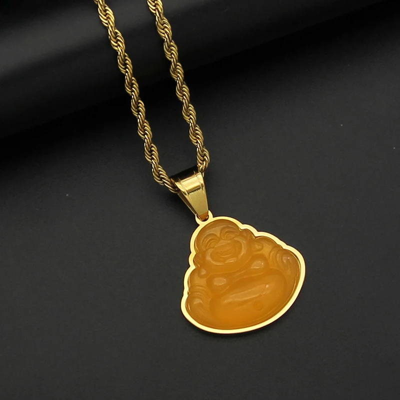 Emerald Stainless Steel Gold Jade Buddha Pendant Necklace Jewelry