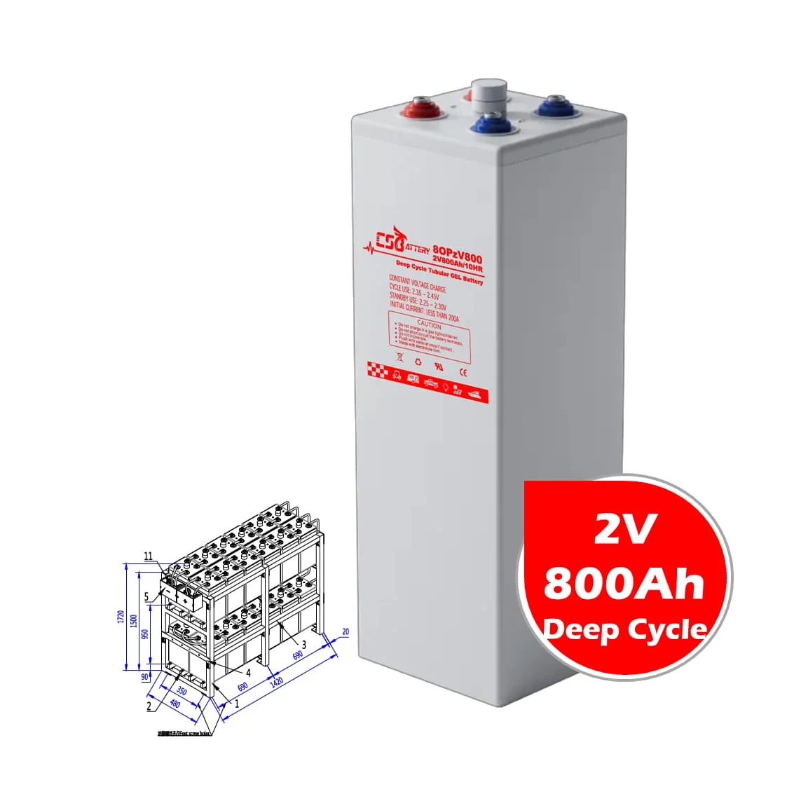 Аккумуляторная батарея CSBattery 2V 800ah для экскаваторов/морозильных камер/автомобилей гольфа/солнечного генератора/газона и ирригационных систем/Amy