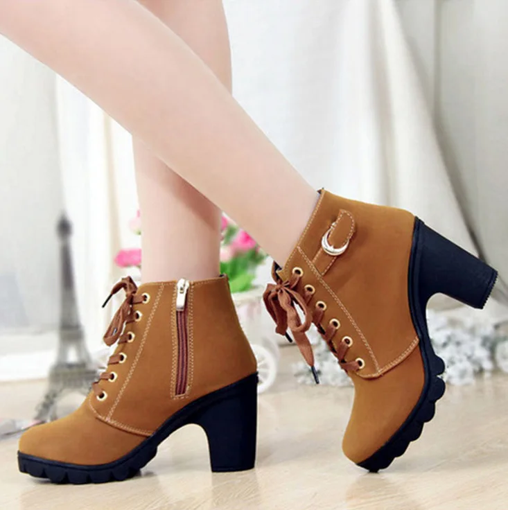 Winter spring short boot woman ankle boots Lace-up Ladies high heel feman shoes vintage female thick square heel boots