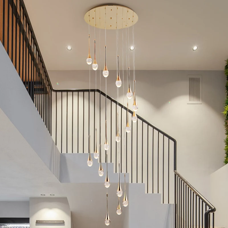 Modern simple long gold raindrop crystal chandelier pendant lamp for duplex villa staircase living room