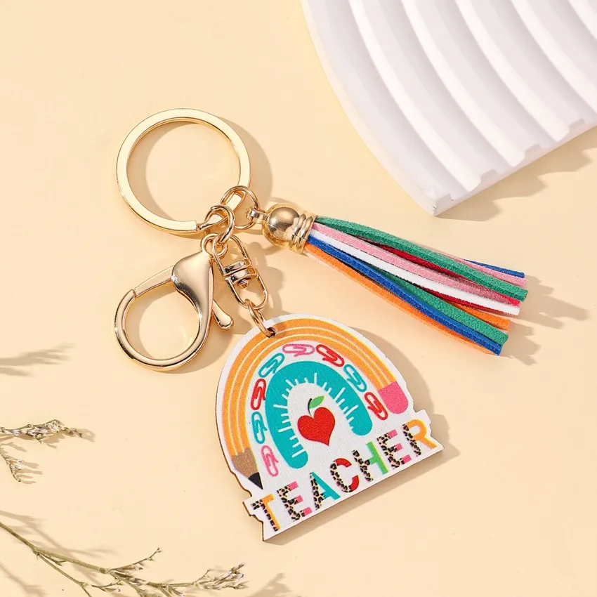 Popular Rainbow Wooden Tag Tassel Keychain Creative Wood Keychains Teacher Keychain For Graduation Season Gifts