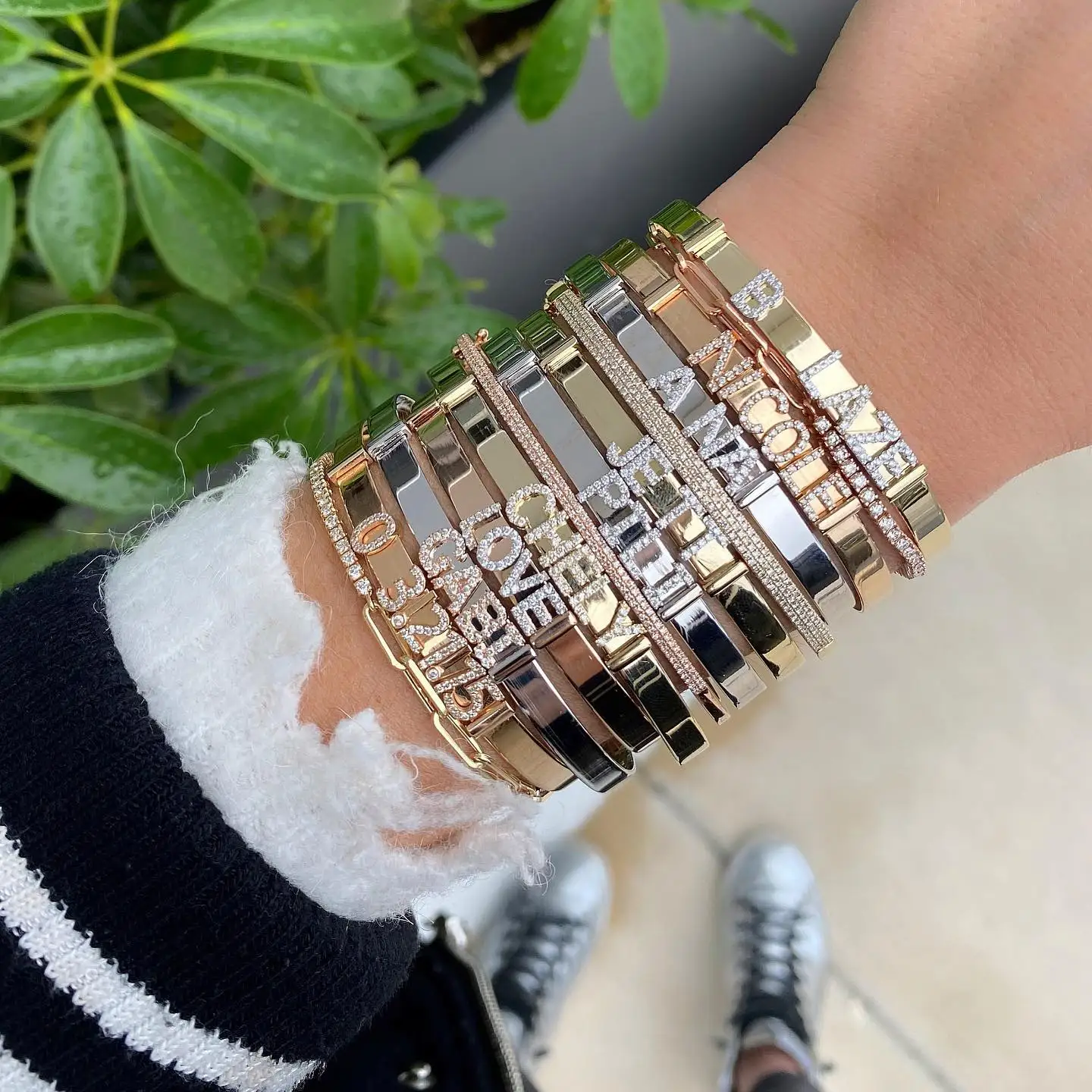  Custom personalized zircon diamond 26 alphabet initial name number letter charm bracelet adjustable sliding bangles for