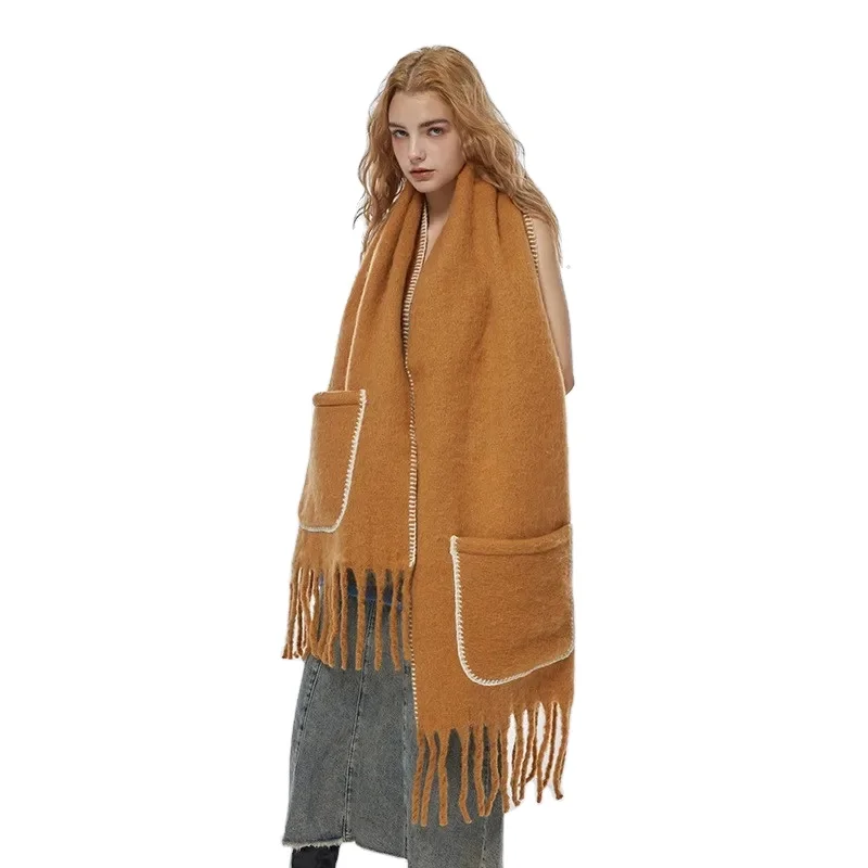 2024 European American Soft Thick Winter Scarves with Pockets Shawl Wrap Pashmina Cashmere Scarf Women