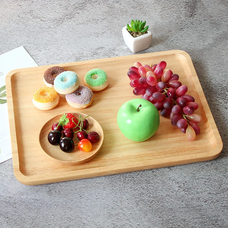 Japanese Style Rubber Wood Tableware Dinner Plates Solid Wooden Food Serving Tray Kitchen Dessert Cake Plate