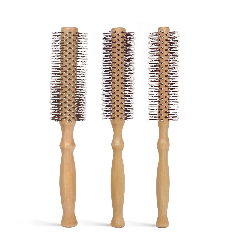 Custom logo Eco-friendly Wooden Hair Brush Round Curly Hair Comb Ergonomic Handle Detangling Hair Roller Brush Salon Home Use