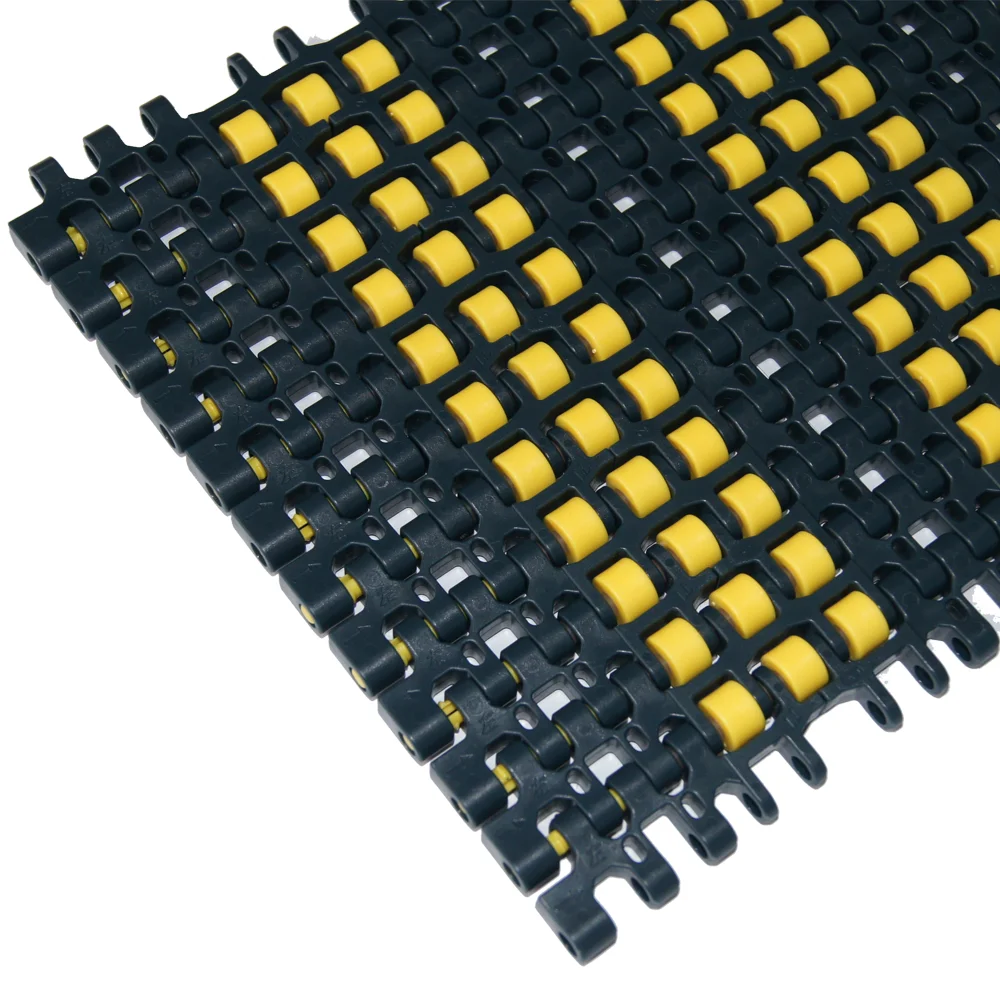 Plastic  Modular Belt with roller for low back-pressure applications