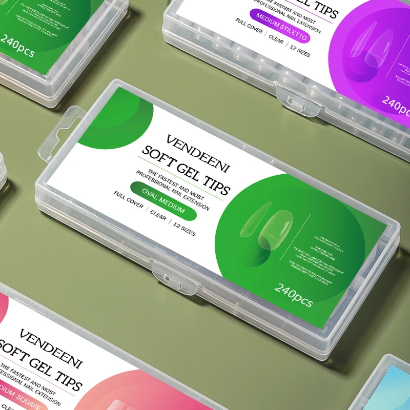 Acrylic Soft Gel Tips Full Cover OVAL MEDIUM 240 PCS Gel False Clear Extra Long Private Label Press on Nail Tips with Box