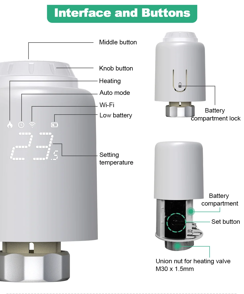 Ultra-low Power  LED  Screen TRV Bluetooth Smart Tuya  Thermostatic Radiator Valve