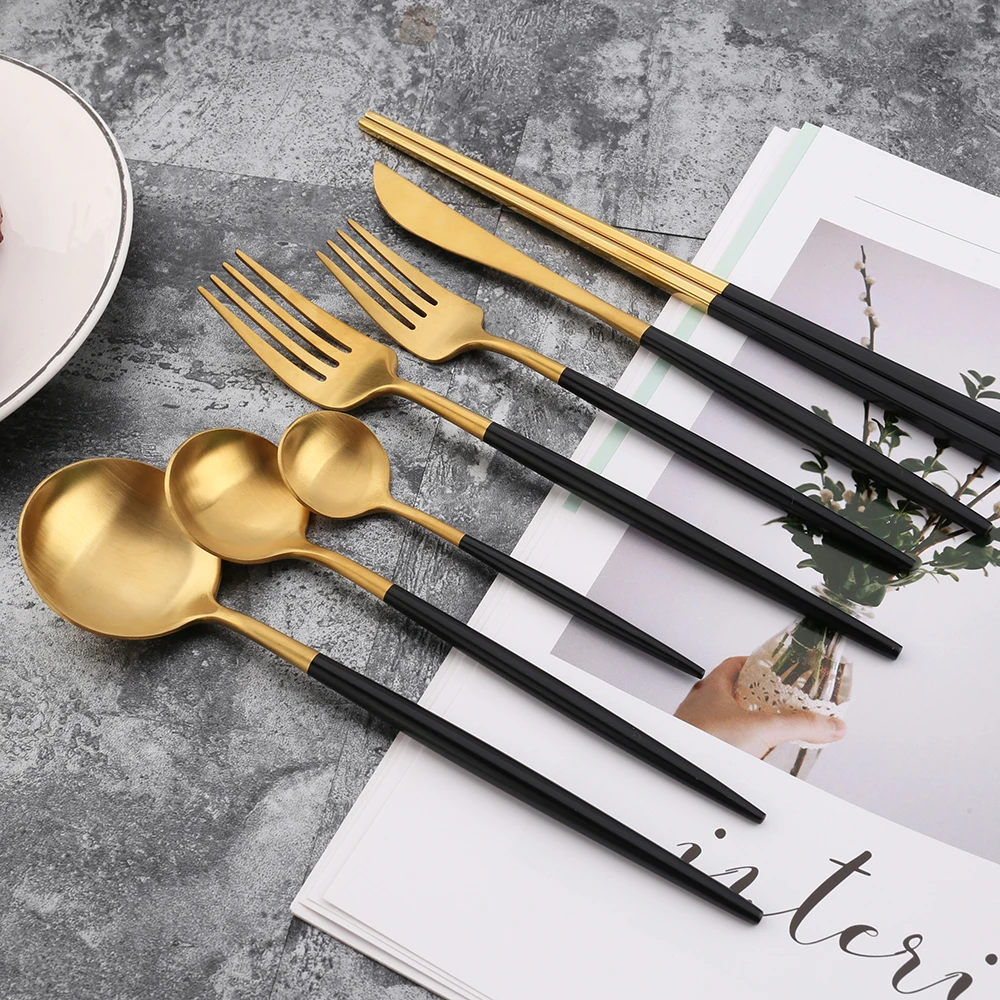 
Wholesale Golden Round Handle United Cutlery Set For Wedding Gift Black Gold Matte Stainless Steel Restaurant Flatware Sets 