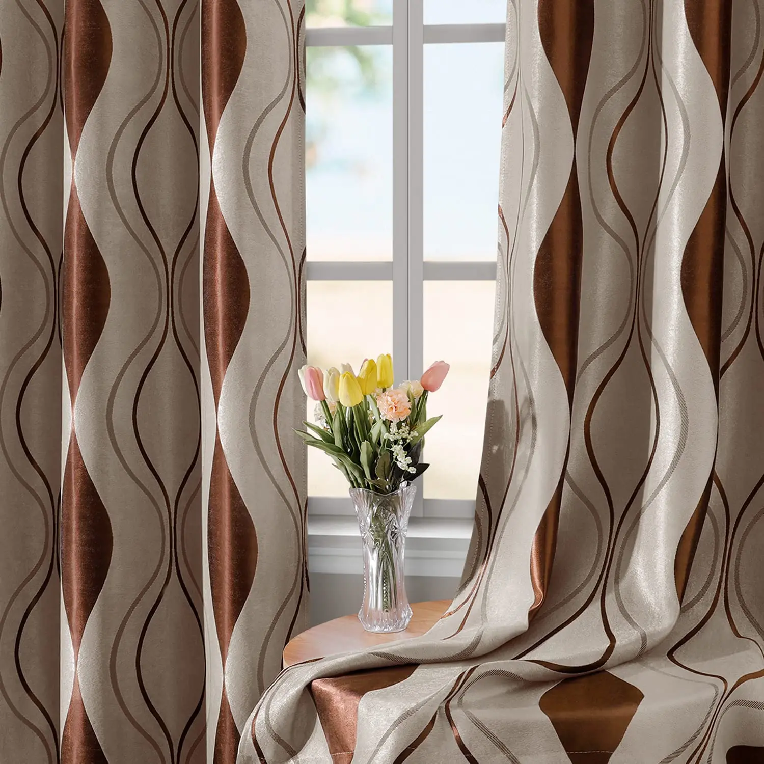 Wave Room Darkening Curtains Brown and Beige Jacquard Grommet Window Curtains for Living Room