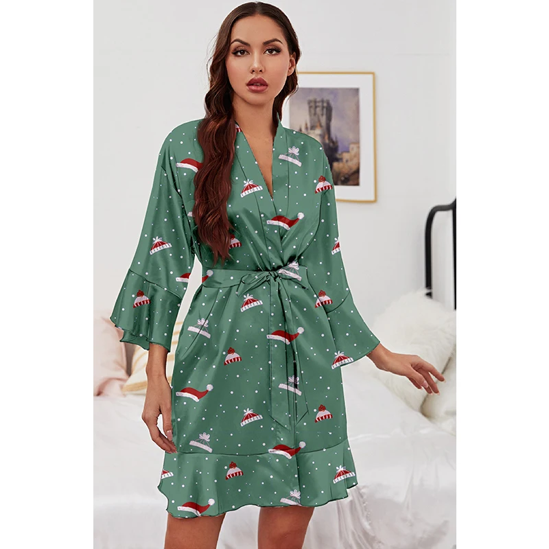Customize Home Robe Print Cartoon Decorations Sexy Pajama Satin Three Quarter Sleeve Bathrobe Christmas Short Pajamas Women Robe