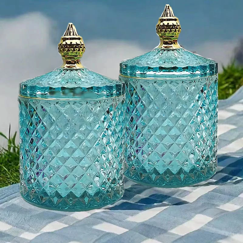 Пустой синий стеклянный подсвечник 10 унций оптом с крышкой 2021 новый стиль 5 унций подсвечник