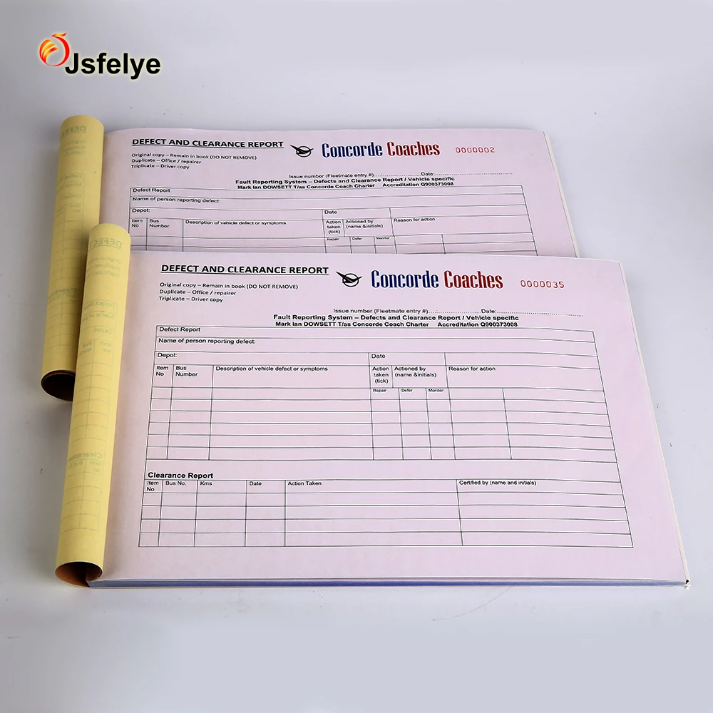 A4 210*297mm customs printing receipt book Carbonless Triplicate form with 3 sheet perforated