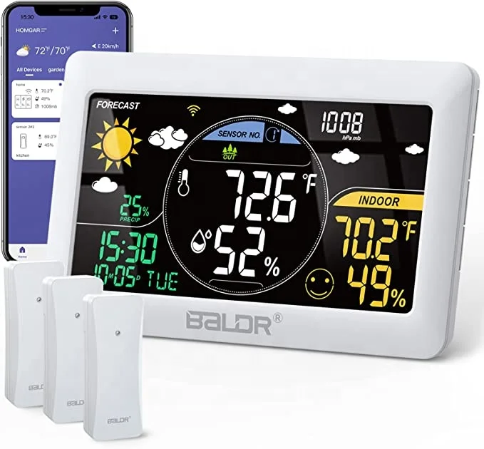 BALDR WiFi Weather Station 3 Sensors Smart App Controlled Weather Stations Wireless Indoor Outdoor Thermometer Large Display