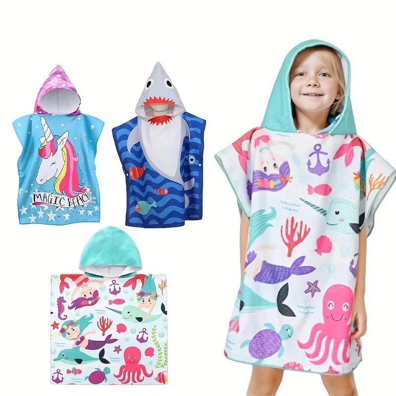 Factory Direct Sale kids bath towel cloak children hooded bathrobe cartoon print wearable bath towel wholesale