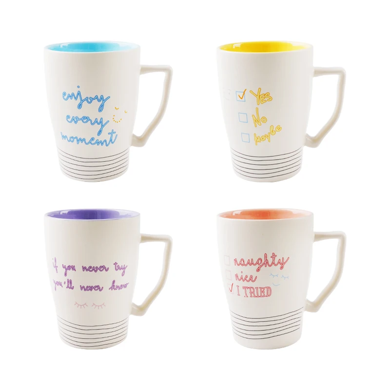 New Design Ceramic Mug with Inspiring Letter Matte Color Glaze Porcelain Mug Cups for Promotion