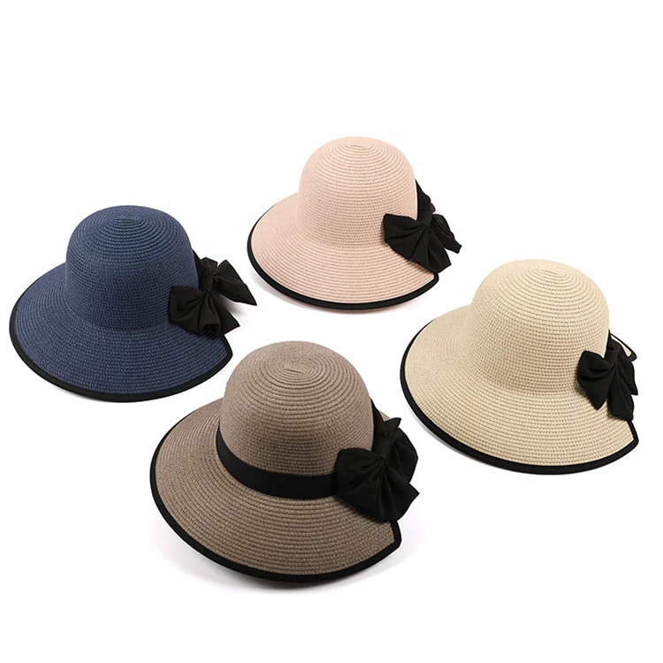 Holiday Gift Wide Brim Ladies Straw Hats, Vacation Summer Beach Women Colorful Floppy Foldable Straw Hats With Bowknot Ribbon