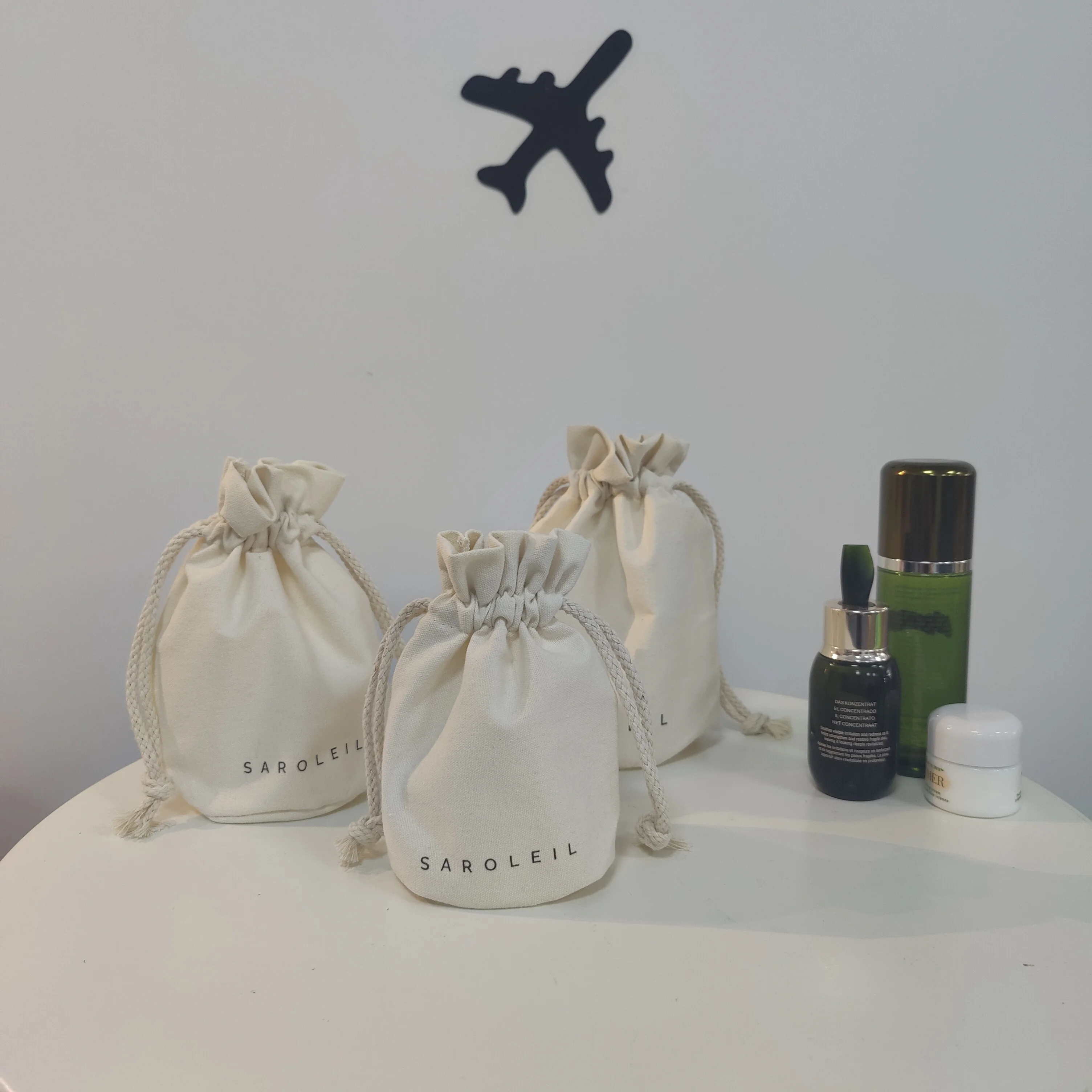 Eco friendly Custom Logo Gift Round Bottom Canvas Cotton Double String Candle Drawstring Pouch Bag