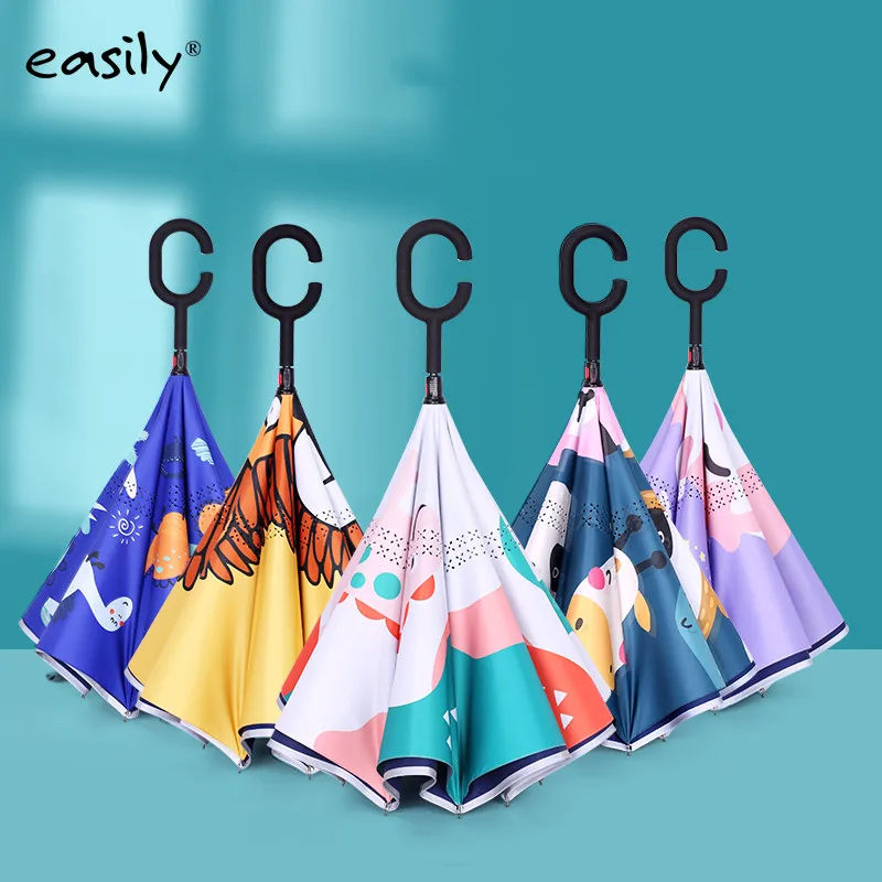 Cute cartoon animal print small reverse umbrella c shaped handle reverse compact umbrella with reflective strip for kids
