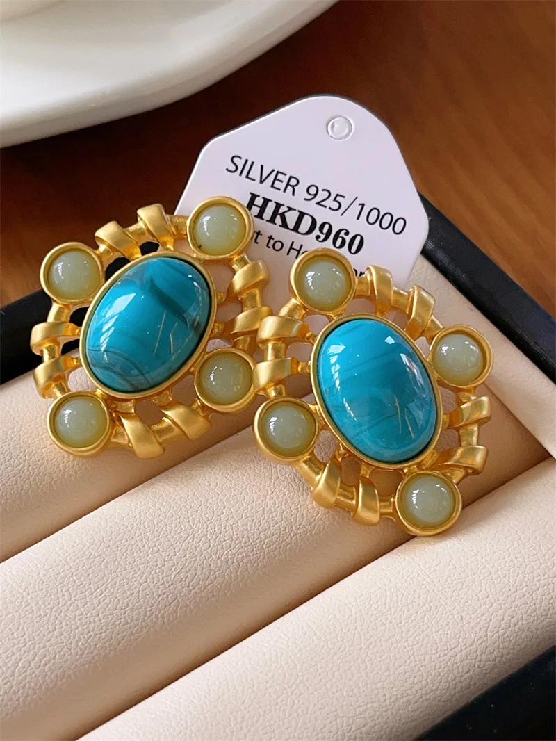 Retro palace style jewelry geometric studs earrings golden turquoise earrings