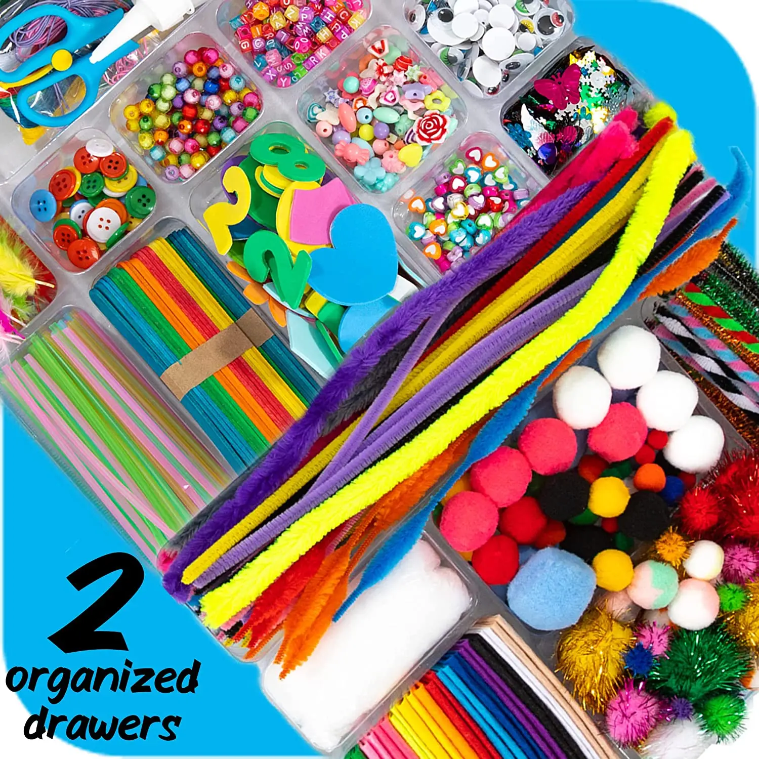 1600pcs Arts and Crafts Supplies for Kids DIY Projects Case Filled with Pom Box Craft Kit Beads Buttons Scissors