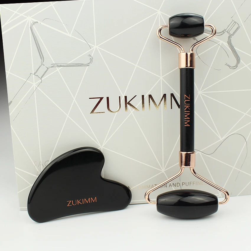 High Quality Anti Aging Facial Massage Tools Face  Jade Roller Gua Sha Set  Gift Gold Stone Body Dark Metal Head