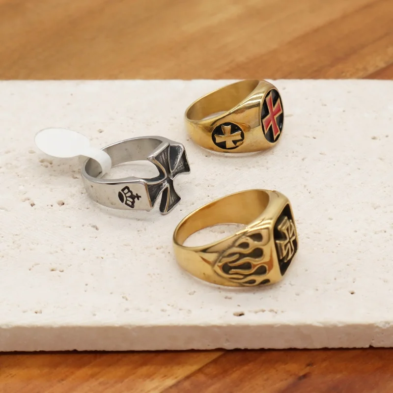 New Fashion Custom Wholesale Personality Cross Finger Ring Jewelry Enamel Gold Plated Stainless Steel Cross Ring For Men Women