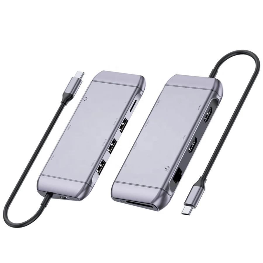
Portable USB C Docking Station HDMI*2 Output Resolution 4Kx2K@60Hz USB3.1 Gen1 Hub SD TF Card Reader 9 Ports Type C Adapter 