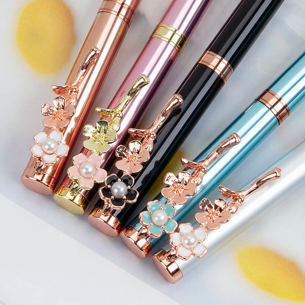 INS creative Pearl peach blossom pen Korean edition students lovely pink cherry blossom rose gold metal pen