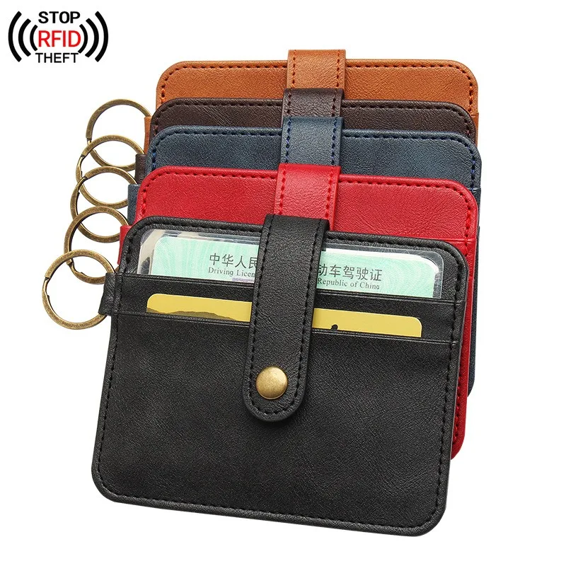 Vintage PU leather Multi-function Rfid Credit Card Holder ID Badge Holder With Key Ring