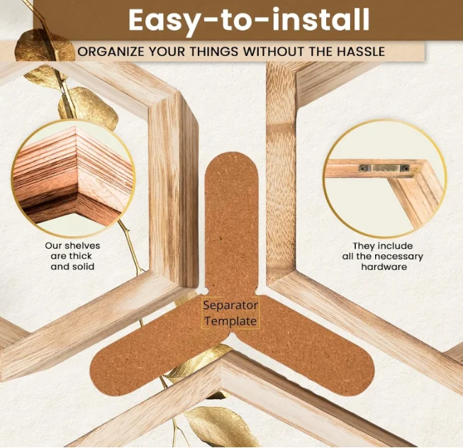 Hexagon Floating Shelves with Photo Frame Natural Premium Wood Set of 5 Hexagon Shelves for wall, Farmhouse Honeycomb Shelves