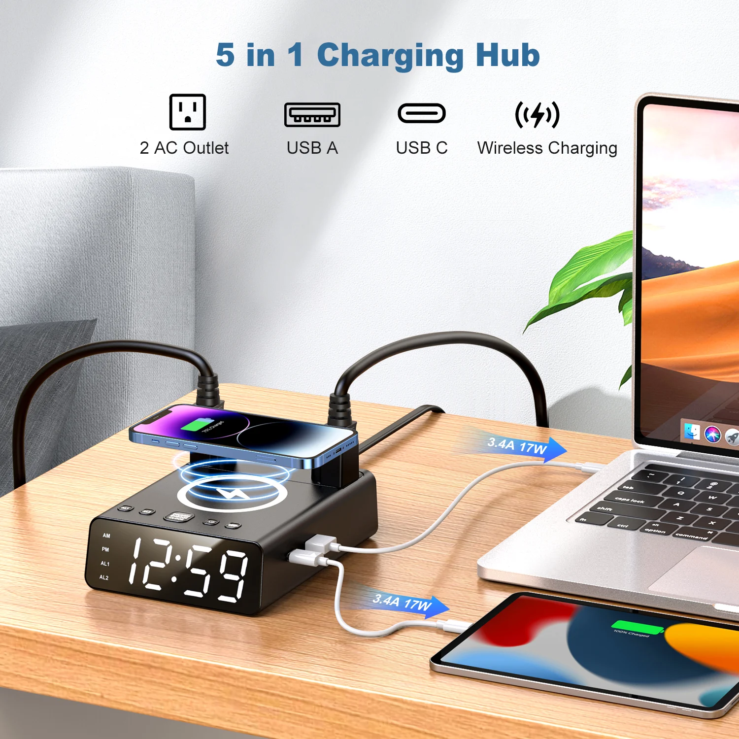 DC12 7-in -1 wireless charger type C charging ports USB  hub snooze digital alarm clock with AC outlet socket power strip