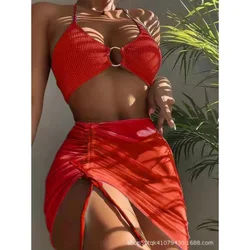 Solid Three-piece Swimsuit 2023 New Sexy Mesh Fashion Bikini Set Split Swimwear Bikinis & Beachwear