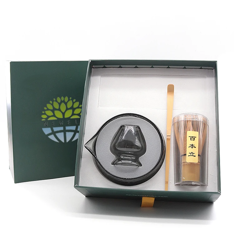 Newell Ceremonial Tea Tool Whisking Chawan Black Textured Glass Handmade Pouring Spout Bamboo Whisk Matcha Bowl With Stand