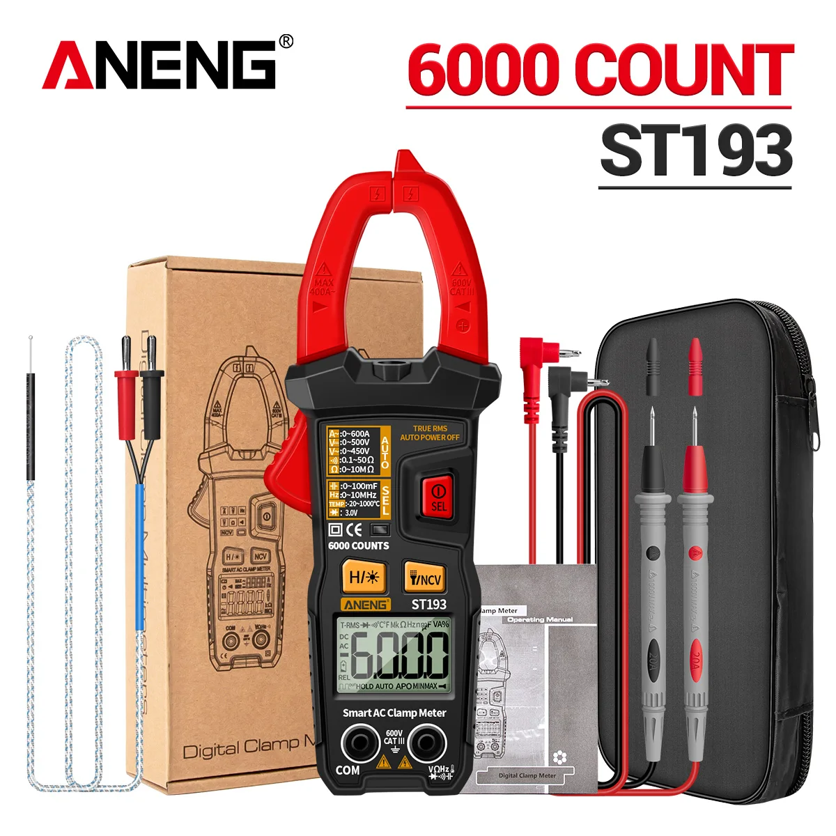 ANENG ST193 Digital 6000 Count True RMS Multimeter Clamp Meter AC Current Clamp Voltage Car Tester Hz Capacitance Ohm Tool