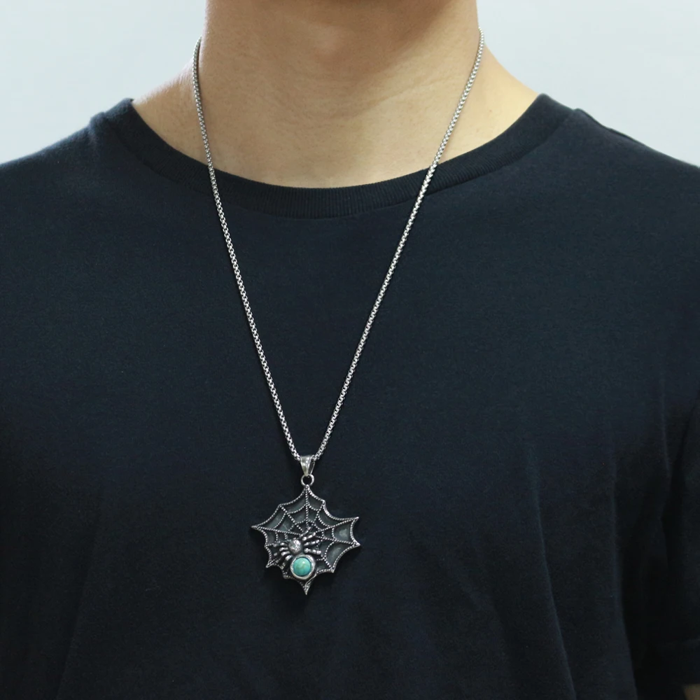 Wholesale Custom Gothic Halloween Turquoise Jewelry Punk Stainless Steel Spider Web Charm Pendant Necklace For Women Men