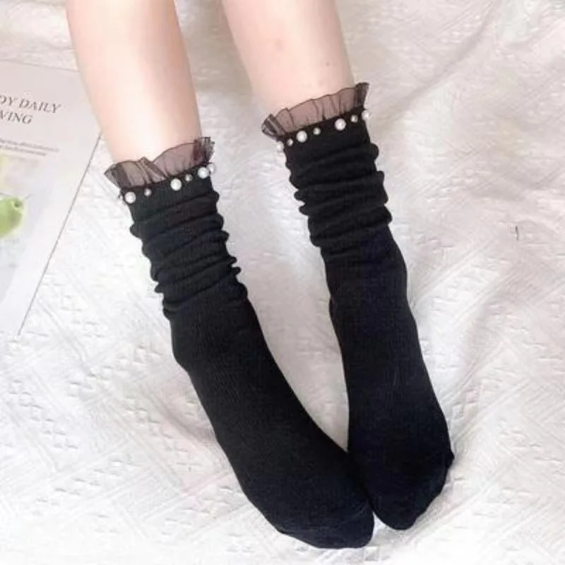 Cotton Breathable Women Socks Sweet And Cool Girl Lace Mid Tube Trendy Socks  Lace Pile Female Slouch Socks