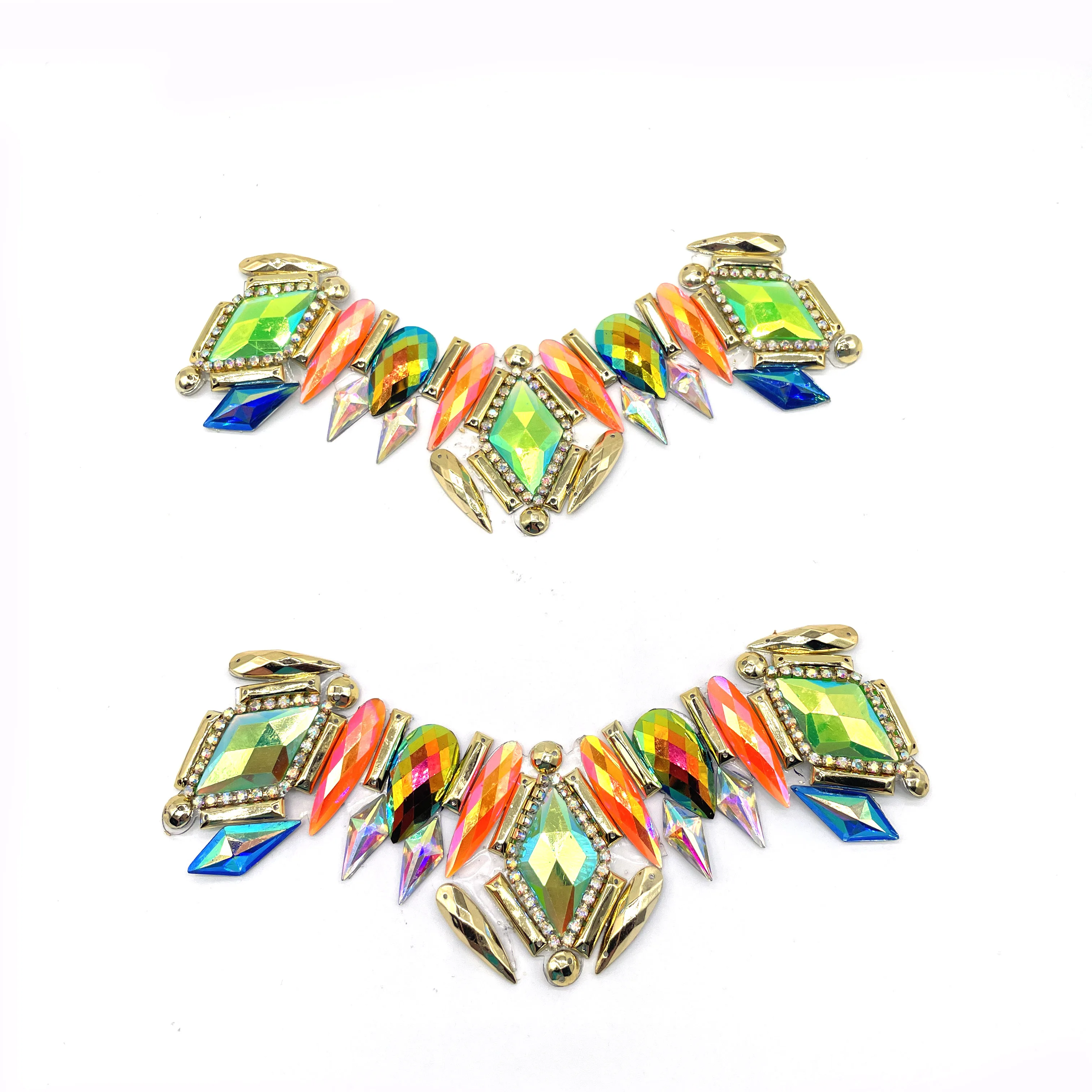 Custom Carnival Metal Gold Iron-On Neon Green Orange AB Resin Stone Applique Rhinestone Patches Custom Apparel Accessories