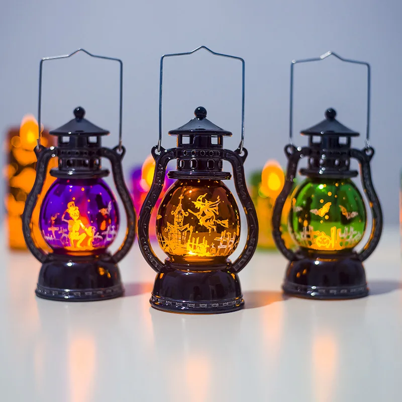 Rustic Halloween Portable Lantern, Vintage LED Oil Lamp Nightlight Decorative Halloween Metal Retro lanterns
