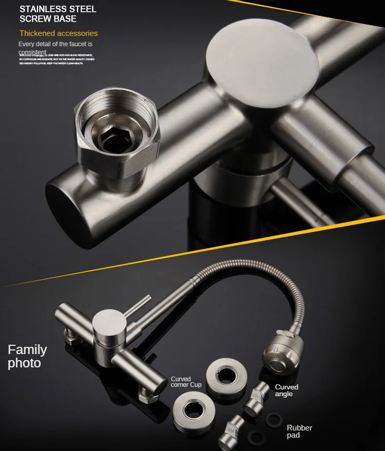 304 Stainless Steel Hot and Cold Double Hole Sink Universal Pipe Shower Water Rotary Kitchen Faucet