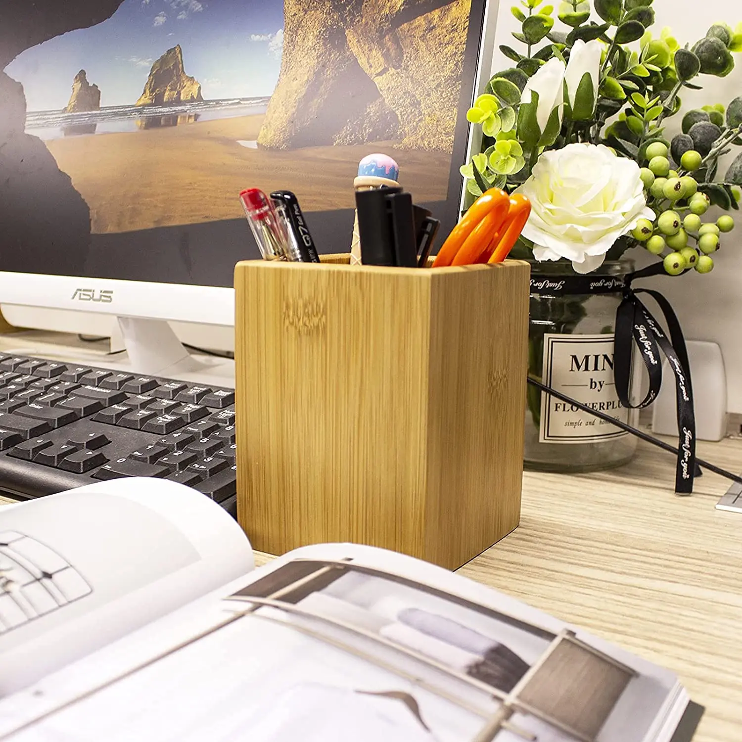 Custom office square wooden bamboo pen storage holder pencil organizer pen stand container