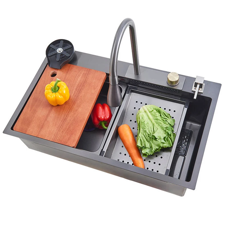 ROVATE Stainless Steel Kitchen Sinks Splash Guard Hand Made Sink with Waterfall Faucet Multi-functional sink