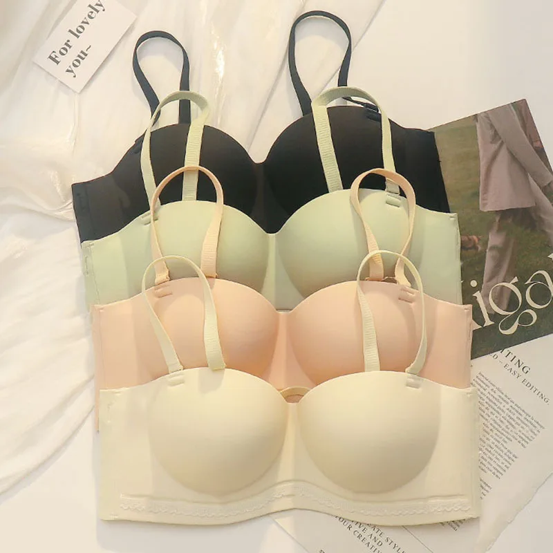 Women Seamless Gather Small Breast Bra One piece Comfortable Half Cup Brassiere Strapless Bra Wirefree Push Up Bra