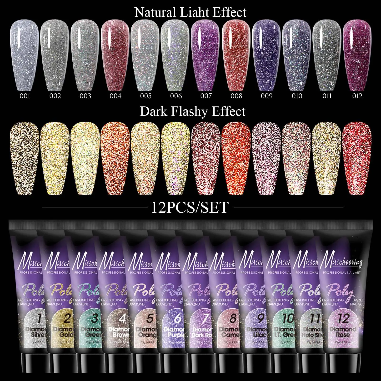 12 Colors/Set Shimmer Sparkly Glitter Poly nail gel Sets in Box Fluorescent Glow in Dark Summer Nail Extension Gel Kits
